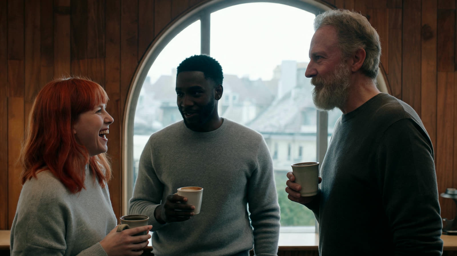 Three colleagues talking by a tall window