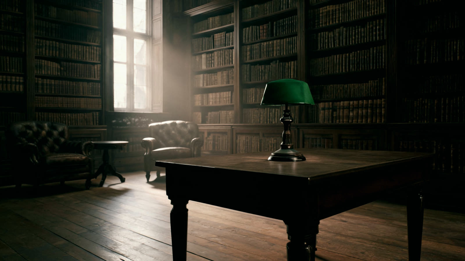 An empty wood panelled reading room in the late afternoon
