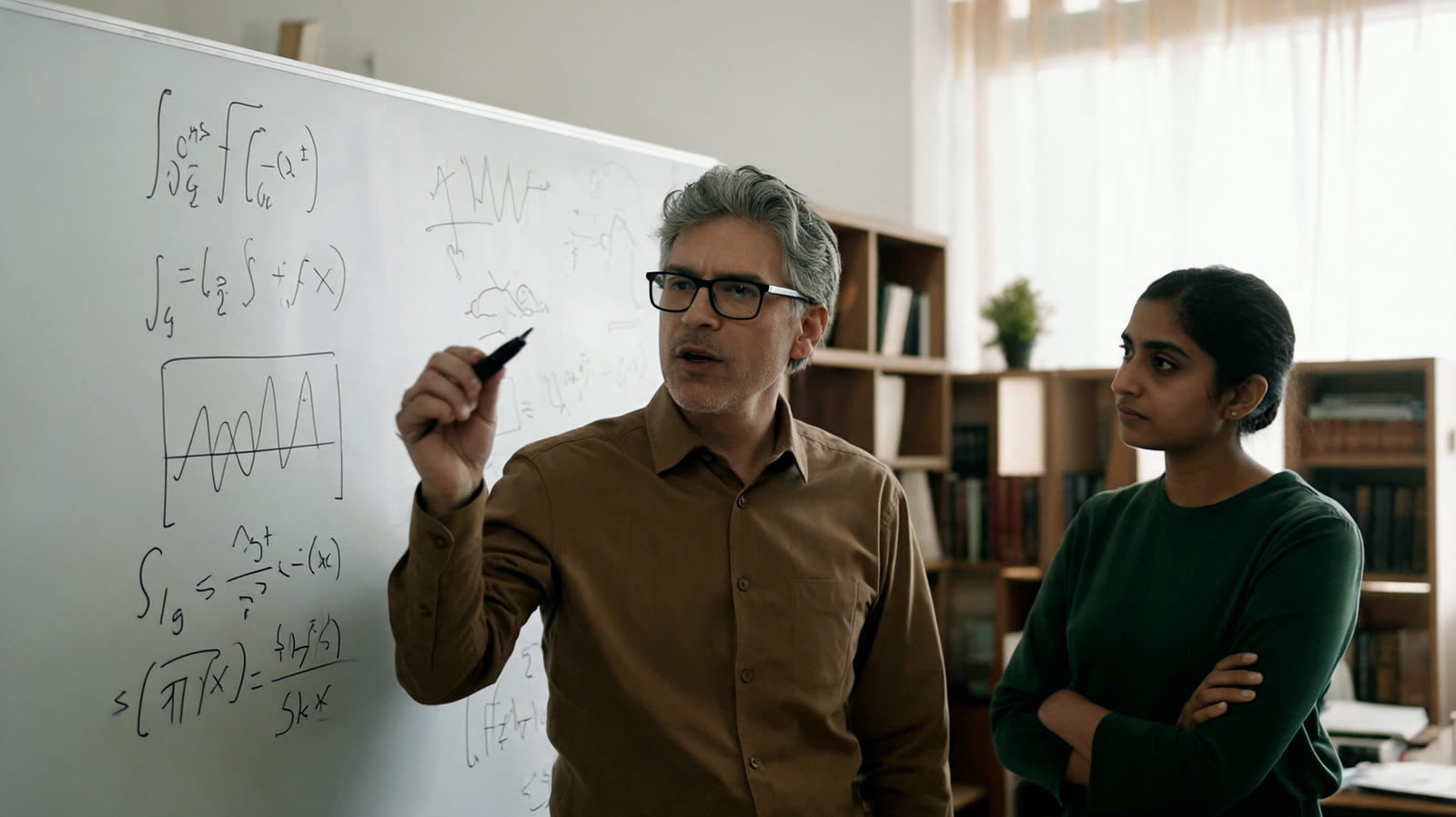 Two people working through a derivation at a whiteboard